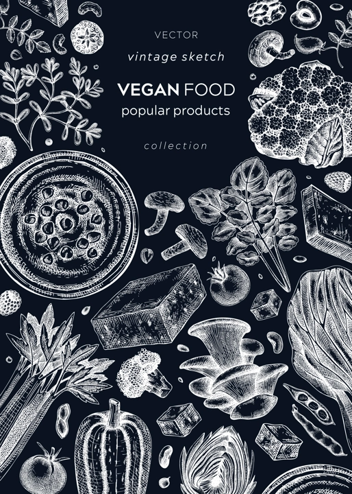 Vegan food sketched banner on chalkboard. Healthy food banner template. Middle eastern cuisine cover. Hand-drawn vegan meals and ingredients for menu, recipe, and packaging design. Vegan food sketches